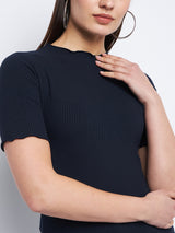 Women's Navy Casual Regular Fit Solid Half Sleeves Top