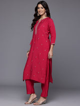 Women's Pink Round Neck Embroidered Kurta Paired With Tonal Bottom & Printed Dupatta