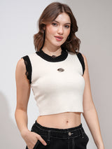 Women's White Casual Self-Design Sleeveless Sweater