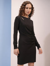 Women's Black Party Solid Cut-Outs Pleated Sheath Dress