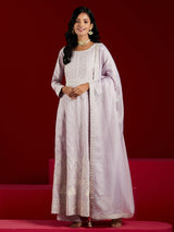 Women's Lavender Pure Silk Embroidered a-line Kurta and Palazzo With Dupatta