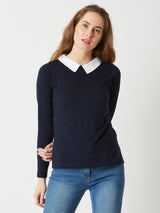 Women's Navy Blue Collared Round Neck Full Sleeves Cotton Solid Button Top