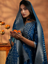 Women's Blue Motif Short Kurta With Solid Wide Leg Palazzo and Woven Design Dupatta