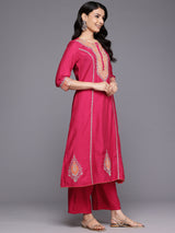 Women's Pink Zari Embroidered Contrast Yoke Kurta With Bottom And Contrast Dupatta
