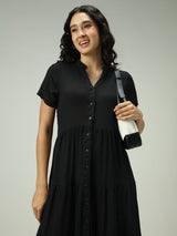 Women's Black Button Down Tiered Midi Dress