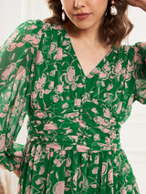Women's Green Floral Printed V-Neck Puff Sleeve Pleated Tie Fit & Flare Dress