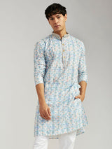 Men's Blue Rayon Schiffli Embroidery Kurta