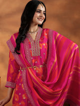 Women's Pink Printed Kurta With Woven Design Floral Motifs & Trouser With Dupatta