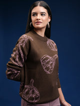 Women's Brown Casual Self-Design Full Sleeves Sweater
