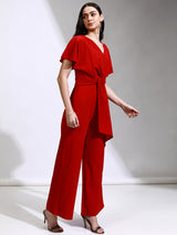 Women's Red Party Solid Half Sleeves Jumpsuit