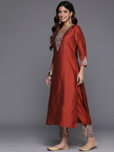 Women's Rust Thread And Sequins Embroidred Kurta With Bottom And Dupatta