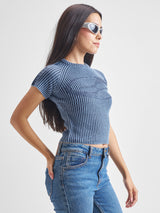 Women's Blue Casual Self-Design Half Sleeves Sweater
