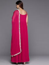 Women's Fuchsia Embroidered Anarkali Strap Kurta Paired With Tonal Dupatta