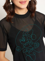 Women's Black Casual Half Sleeves Disney Print Top
