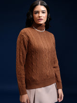 Women's Brown Casual Self-Design Full Sleeves Sweater