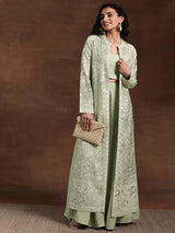Women's Green Solid Crop Top with Solid Wide Leg Palazzos and Floral Embroidered Long Shrug