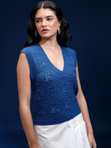 Women's Blue Casual Self-Design Sleeveless Sweater