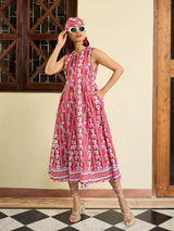 Women's Red Casual Floral Round Neck Sleeveless Midi Dress