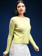 Women's Yellow Casual Self-Design Full Sleeves Sweater