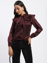 Women's Wine Casual Full Sleeve Tie Knot Frill Necked Striped Top