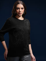 Women's Black Casual Striped Full Sleeves Sweater