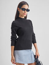 Women's Black Casual Self-Design Full Sleeves Sweater