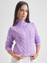Women's Lavender Casual Self-Design Full Sleeves Sweater