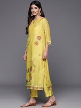 Women's Yellow Round Neck Floral Printed Embroidered Kurta Set