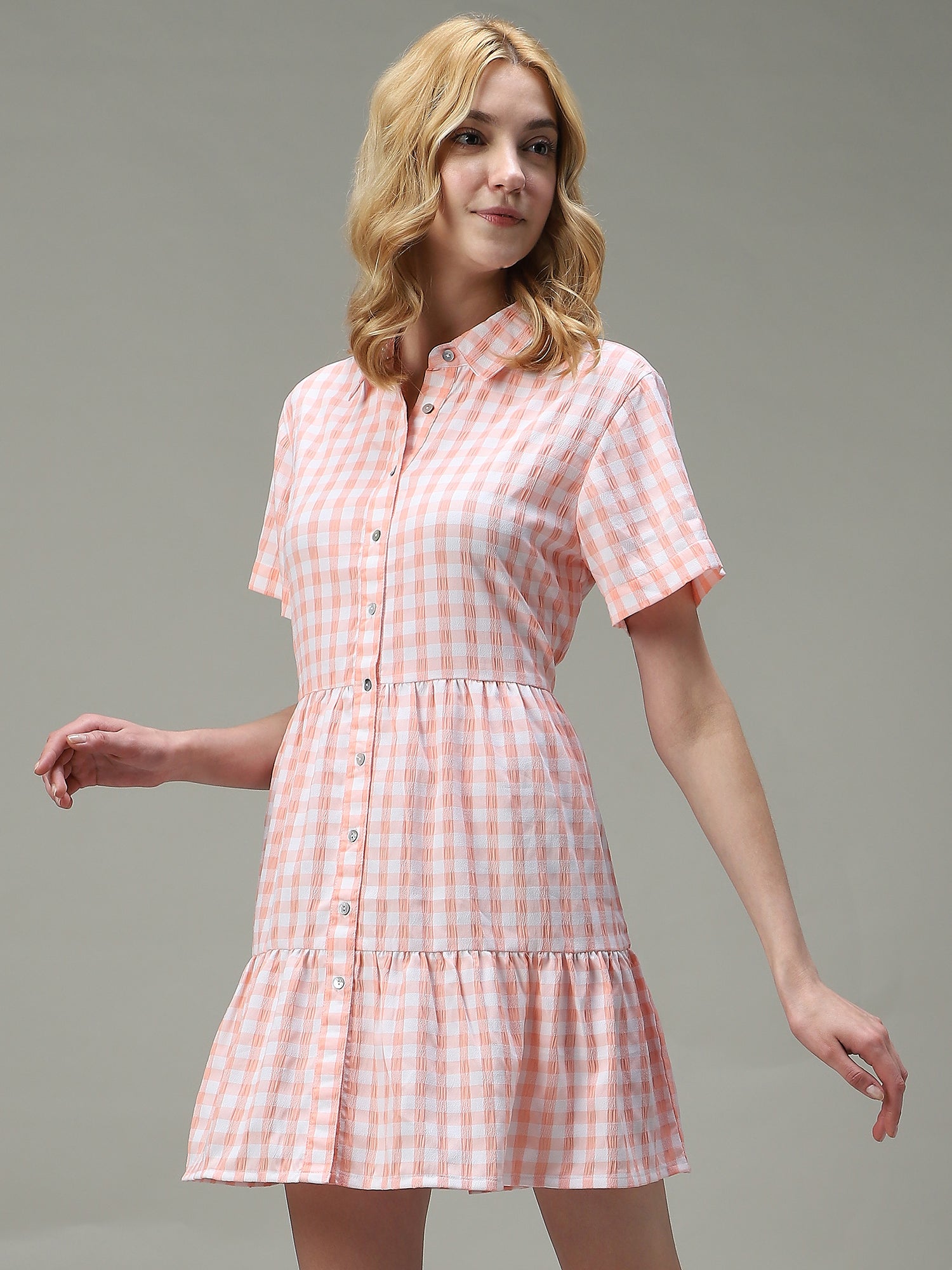 Women's Pink Casual A-Line Checked Dress