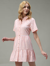 Women's Pink Casual A-Line Checked Dress