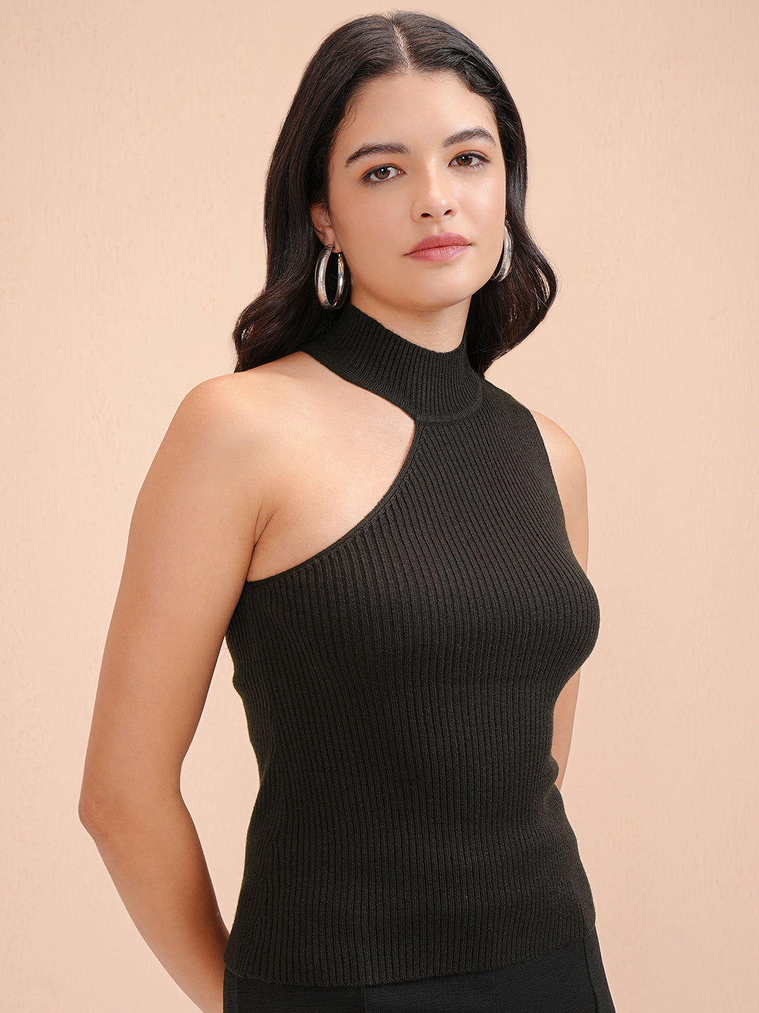 Women's Black Casual Self-Design Sleeveless Sweater