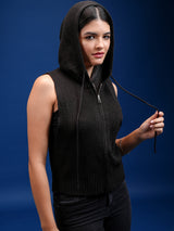 Women's Black Casual Self-Design Sleeveless Sweater