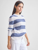 Women's Blue Casual Striped Full Sleeves Sweater