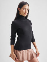 Women's Black Party Solid Full Sleeves Sweater