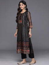 Women's Black Ethnic Motifs Printed Straight Kurta Paired With Tonal Solid Bottom And Printed Dupatta