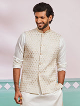 Men's White Rayon Floral Embroidered Full Sleeves Nehru Jacket