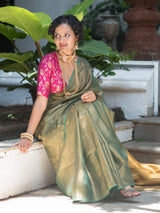 Women's Green Linen Saree with Blouse Piece