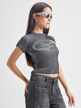 Women's Black Casual Self-Design Half Sleeves Sweater