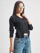 Women's Black Casual Self-Design Full Sleeves Sweater