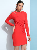 Women's Red Party Solid Ruched Long Sleeve Mini Dress