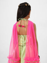 Girls Green Printed Sleeveless Lehenga Set with Dupatta