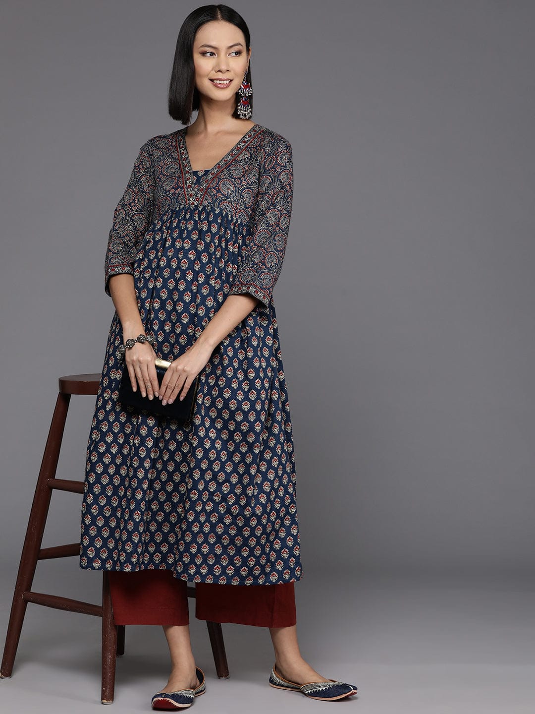 Women's Blue And Maroon Bandez Printed Anarkali Kurta
