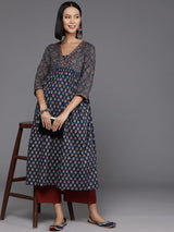 Women's Blue And Maroon Bandez Printed Anarkali Kurta