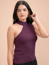 Women's Purple Casual Self-Design Sleeveless Sweater