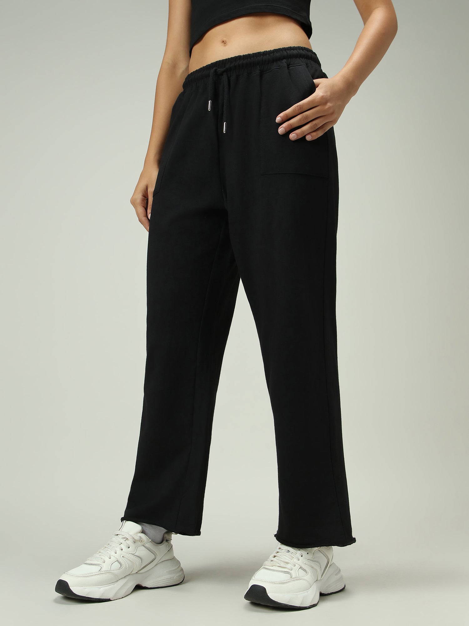 Women's Black Casual Wide Leg Solid Trackpant