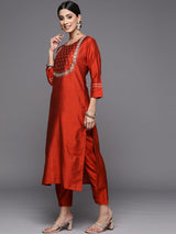 Women's Maroon Yoke Design Kurta With Trousers & With Dupatta