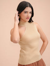 Women's Beige Casual Self-Design Sleeveless Sweater