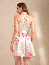 Women's Pink Printed Flared Dress With Halter Neck And Belt Detail