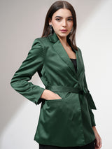Women's Green Casual Solid Full Sleeves Blazer