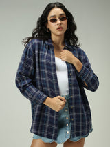 Women's Navy Casual Oversized Fit Checked Shirt